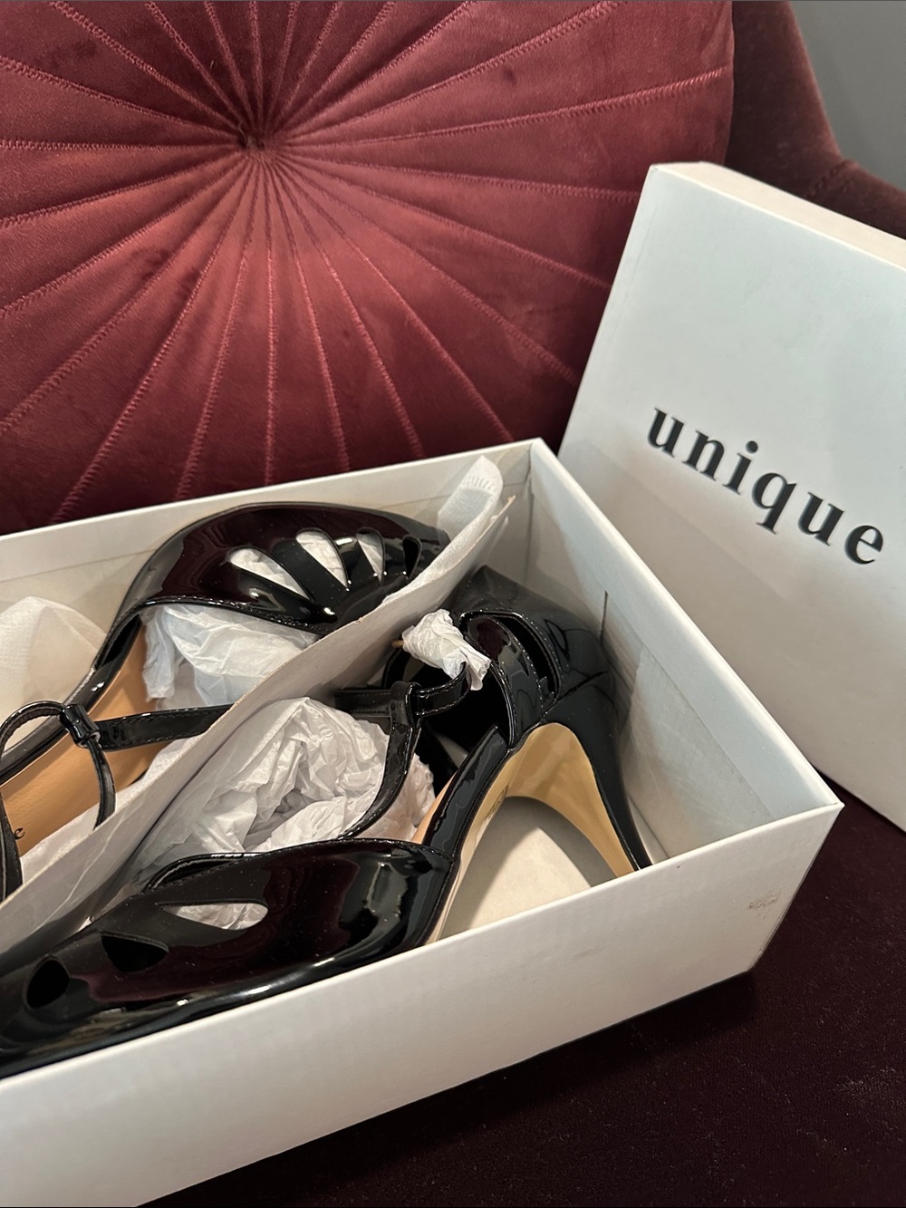 Unique Vintage Black Patent Cutout T-Strap Heels